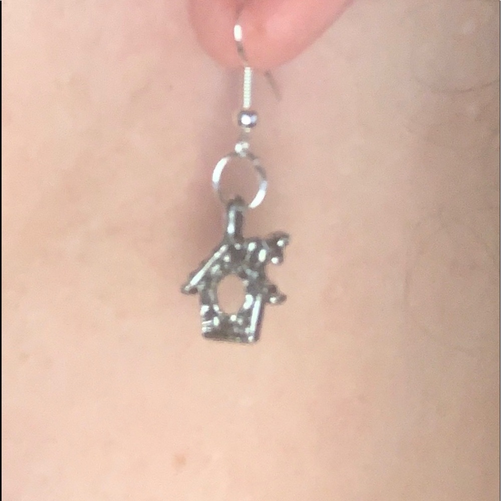 Handmade Silver Dangle Birdhouse Earrings